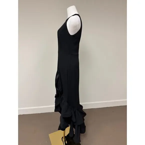 Betsy & Adam Arielle Scuba Crepe Ruffle Slit Asymmetrical Maxi Gown Black Size 8 - Picture 6 of 12